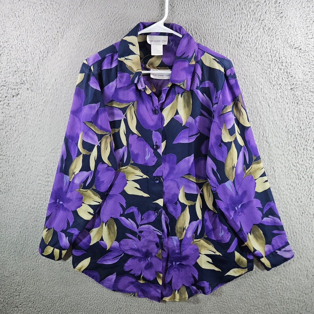 Susan Graver Style 2pc Set Womens M Purple Floral Button Down Shirt & Tank Top